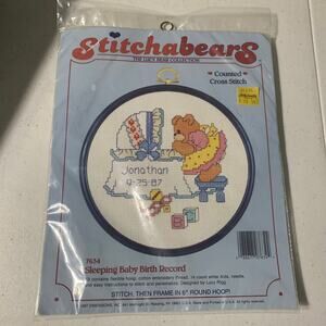 vintage 80s Stitchabears Lucy Bear cross stitch birth record pattern sealed